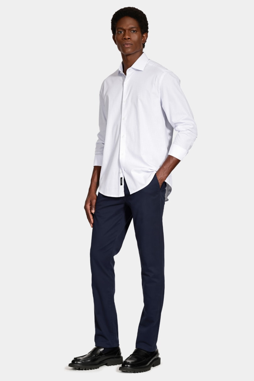 Camisa Manga Longa Slim Moscou Micro Xadrez Branco C/Azul