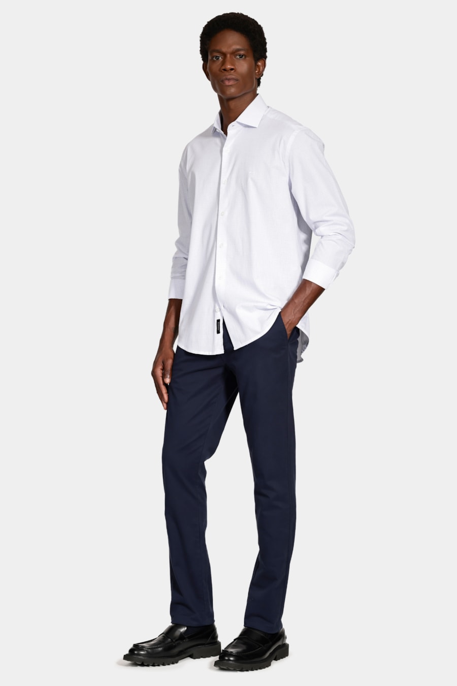 Camisa Manga Longa Slim Moscou Micro Xadrez Branco C/Azul — foto 2 de 6
