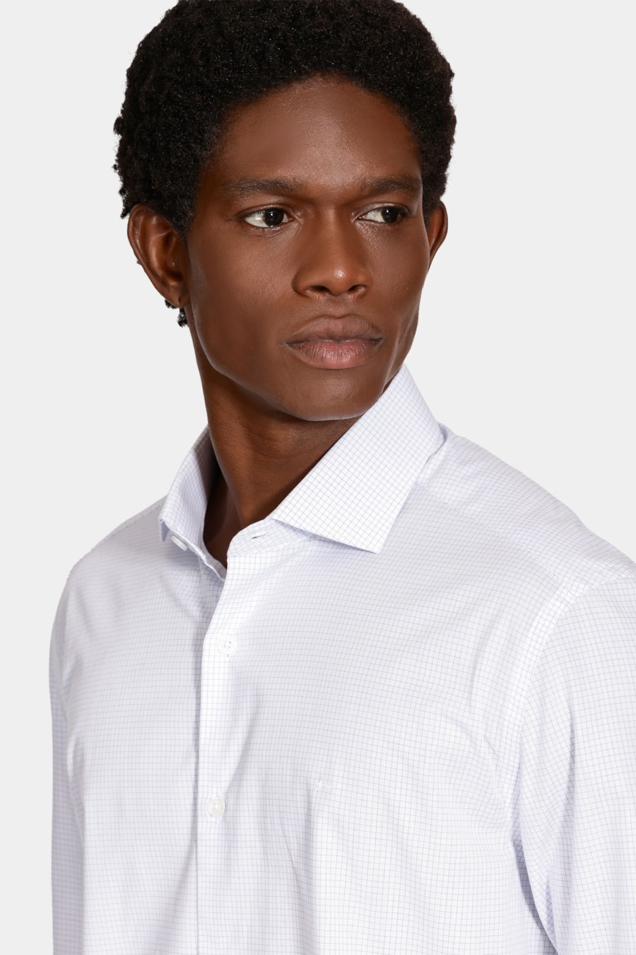 Camisa Manga Longa Slim Moscou Micro Xadrez Branco C/Azul — foto 3 de 6