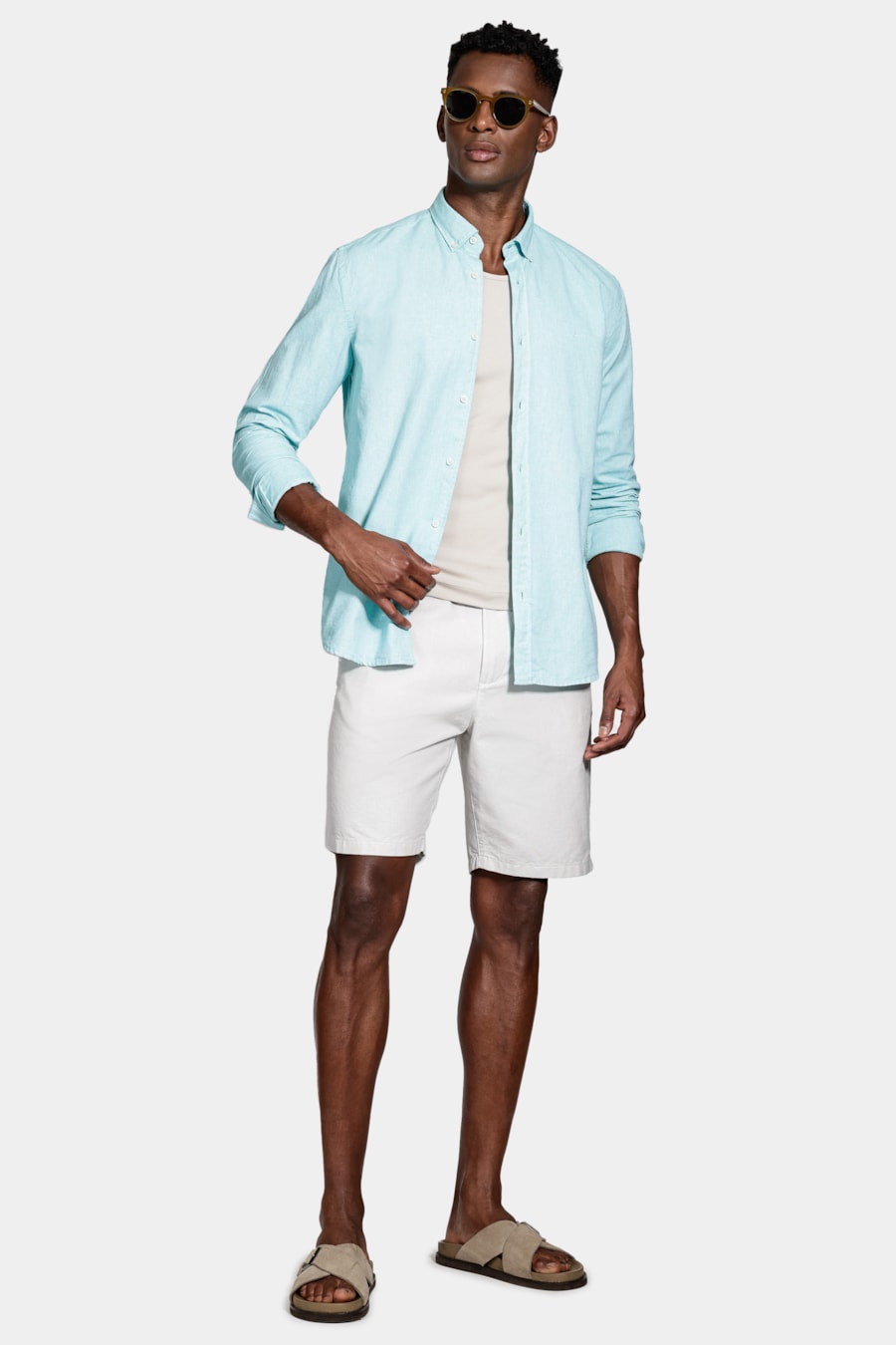 Camisa Manga Longa Slim Oxford Azul Turquesa — foto 2 de 6