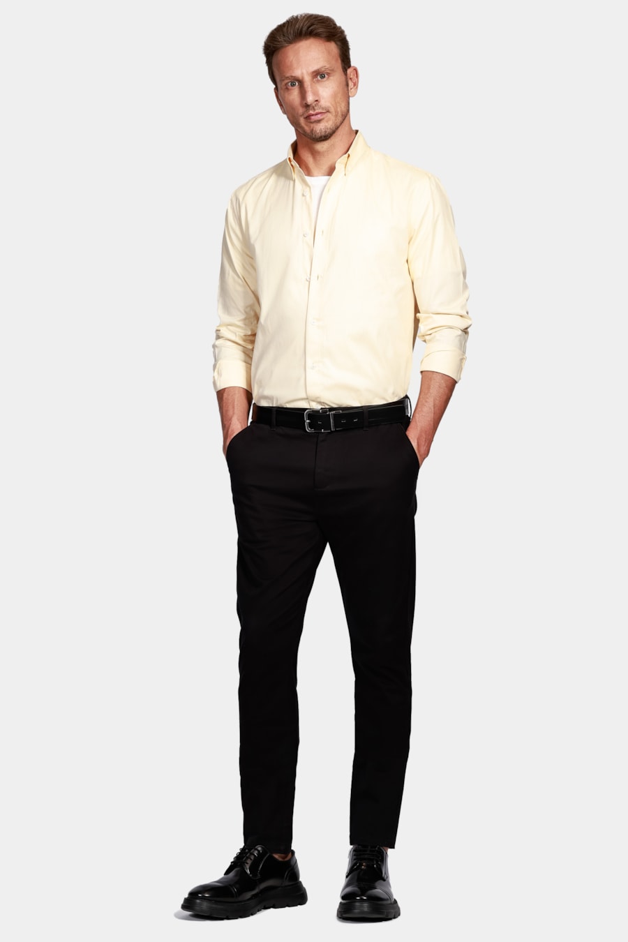 Camisa Manga Longa Slim Oxford Button-Down Amarelo — foto 2 de 5