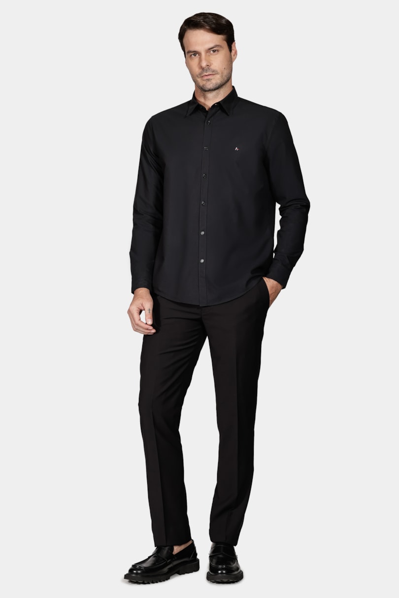 Camisa Manga Longa Slim Oxford Liso Preto