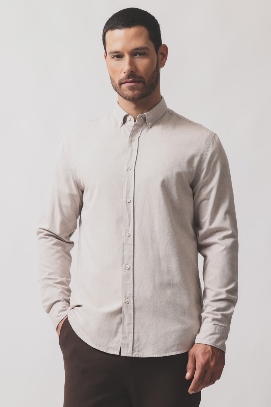 Camisa Manga Longa Slim Oxford Planalto Bdnw Natural — foto 1 de 7