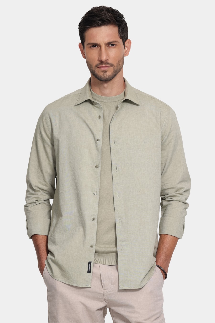 Camisa Manga Longa Slim Oxfordine Verde Militar — foto 1 de 6