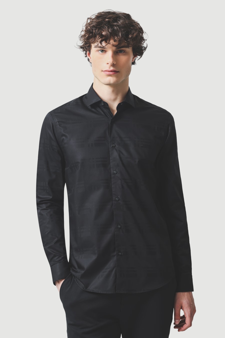Camisa Manga Longa Slim Pima Falso Liso Maquinetada Preto — foto 1 de 6