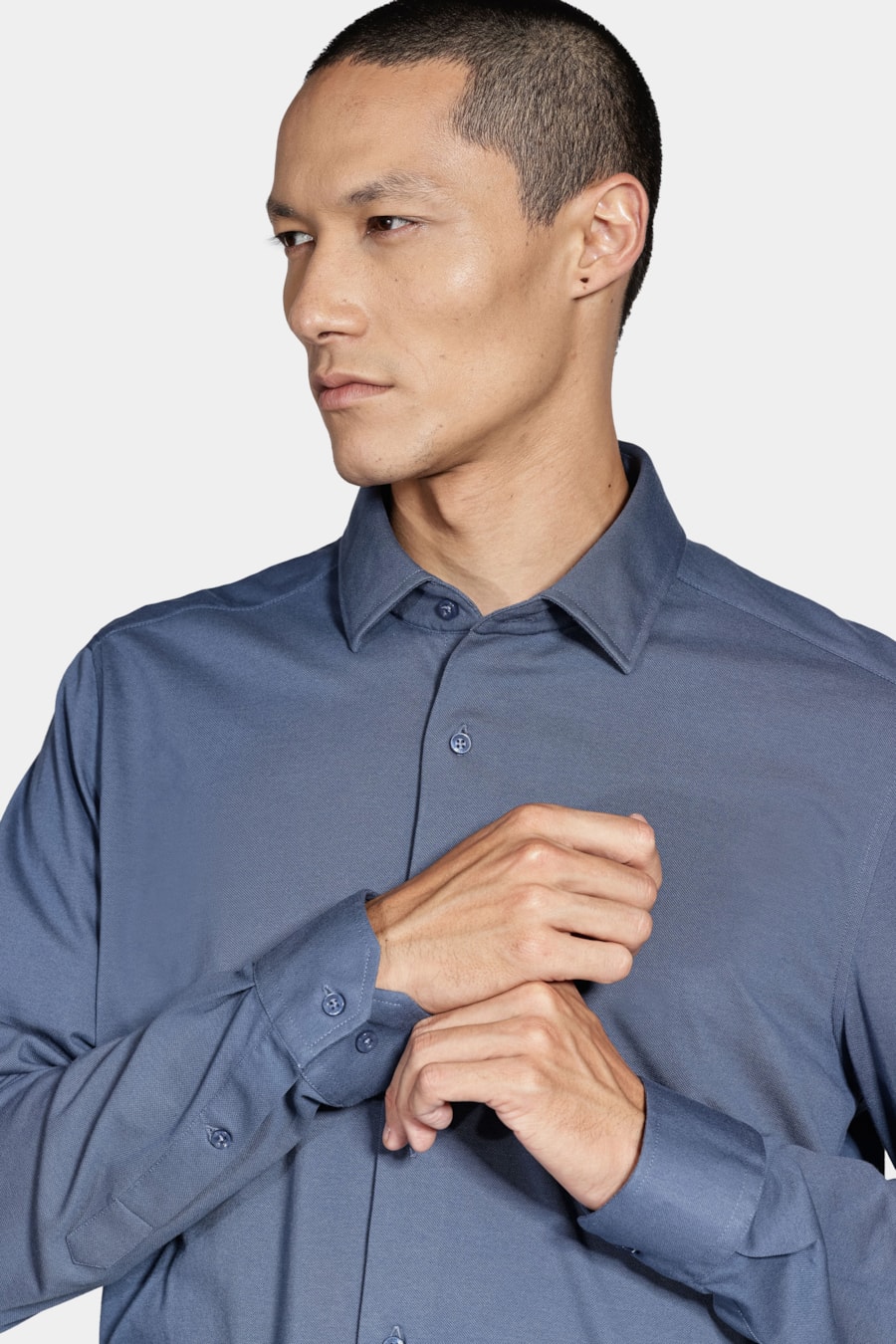 Camisa Manga Longa Slim Piquet de Malha Azul Escuro — foto 3 de 6