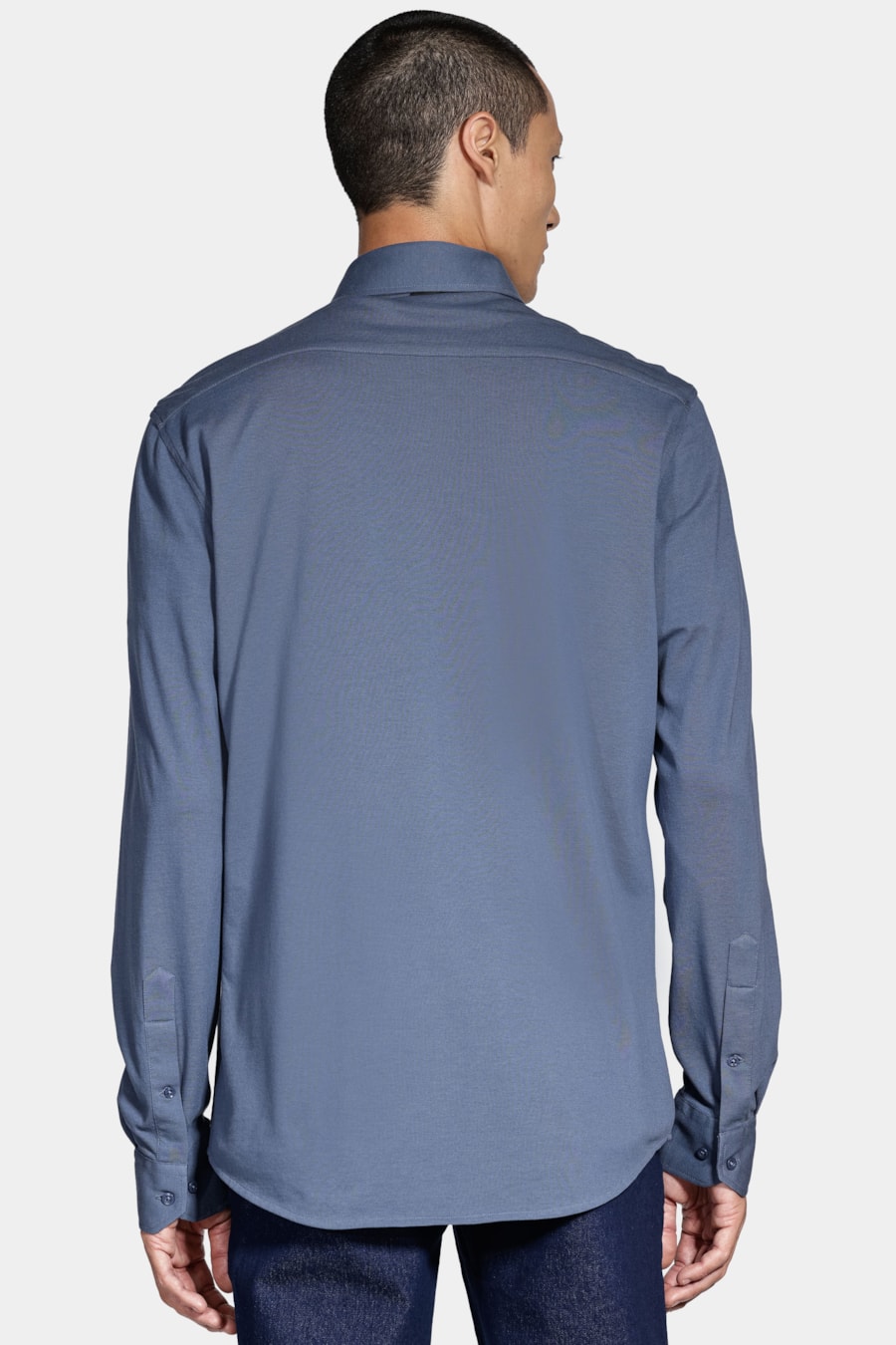 Camisa Manga Longa Slim Piquet de Malha Azul Escuro — foto 4 de 6