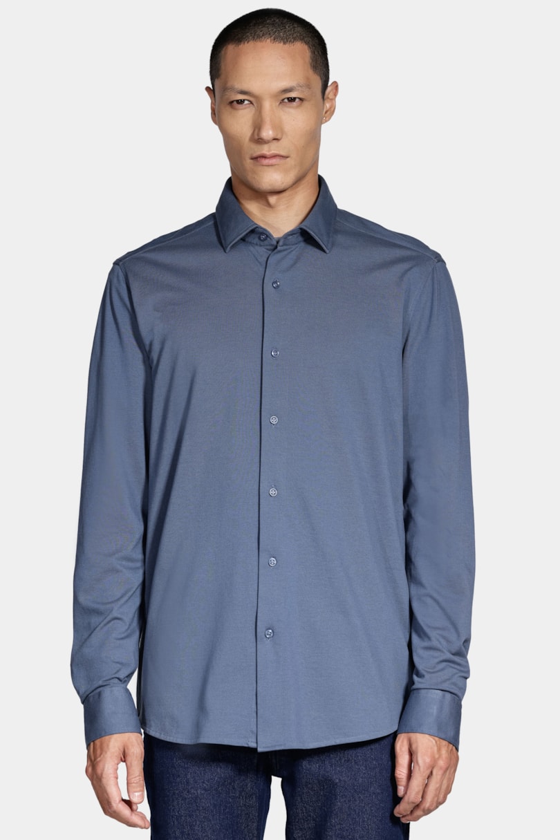 Camisa Manga Longa Slim Piquet de Malha Azul Escuro