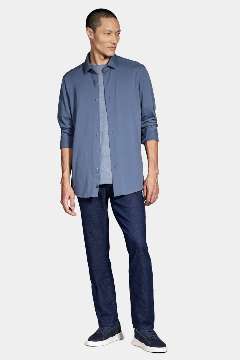 Camisa Manga Longa Slim Piquet de Malha Azul Escuro