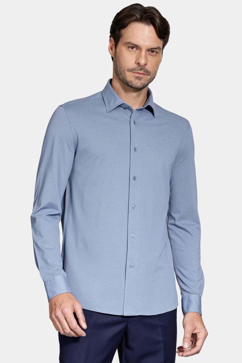 Camisa Manga Longa Slim Piquet de Malha Azul Médio