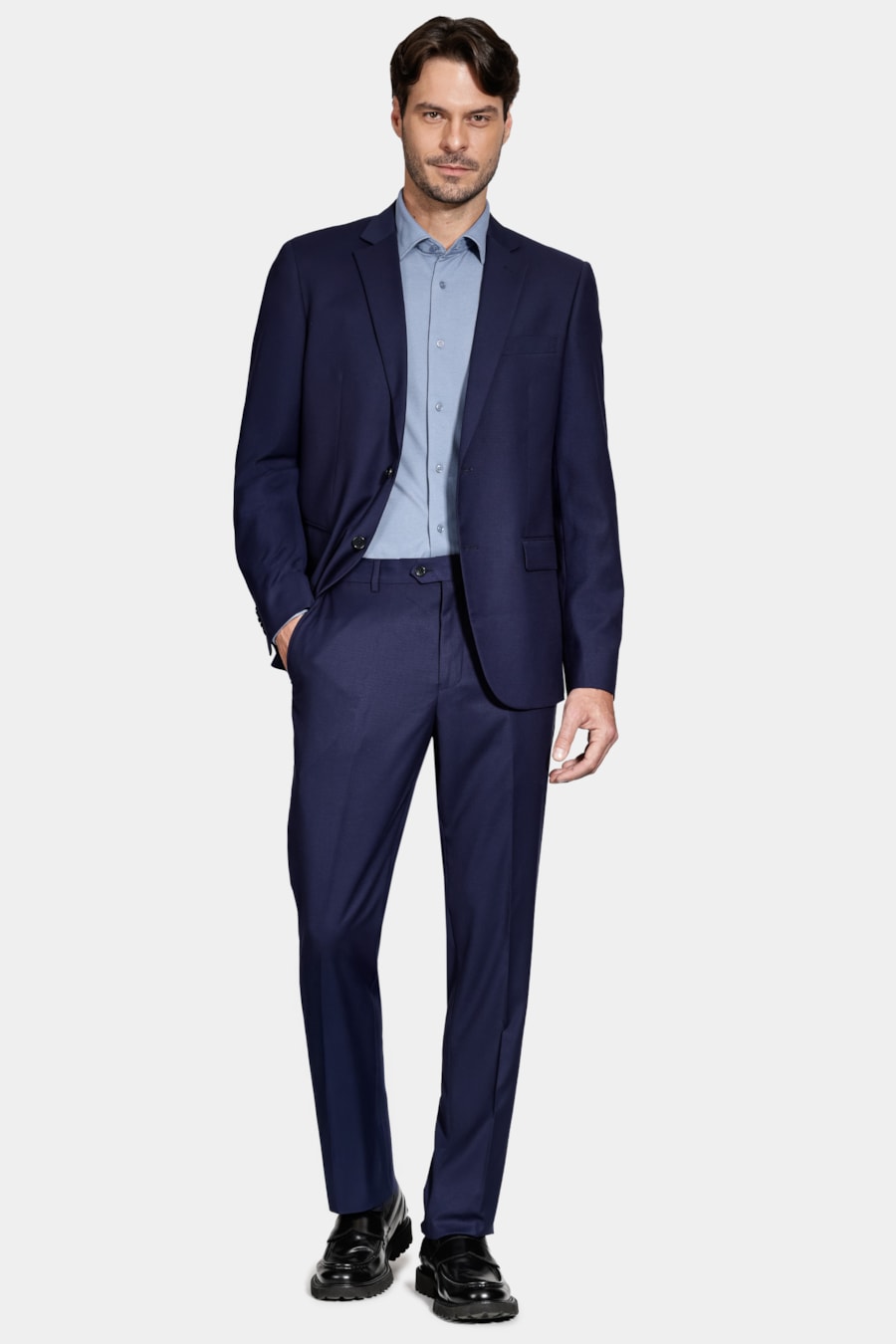 Camisa Manga Longa Slim Piquet de Malha Azul Médio — foto 2 de 6