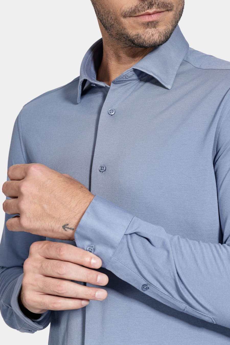 Camisa Manga Longa Slim Piquet de Malha Azul Médio — foto 3 de 6