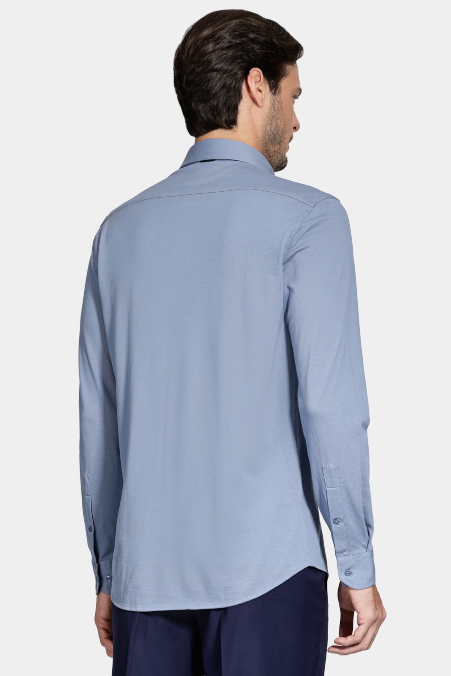 Camisa Manga Longa Slim Piquet de Malha Azul Médio — foto 4 de 6