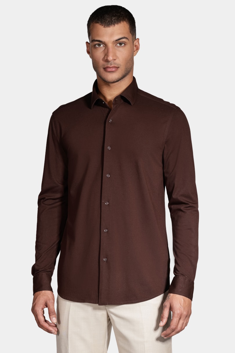 Camisa Manga Longa Slim Piquet de Malha Café