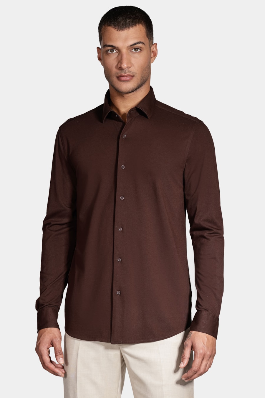 Camisa Manga Longa Slim Piquet de Malha Café — foto 1 de 6