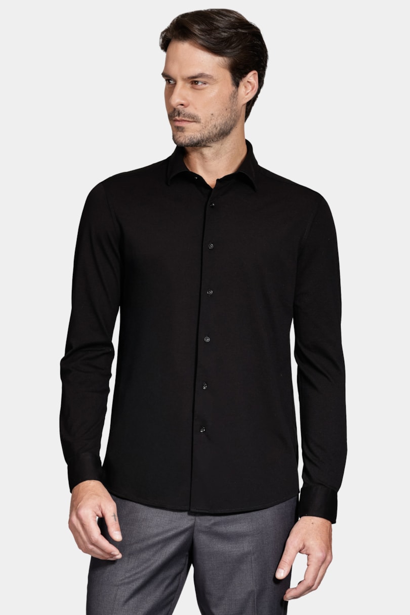Camisa Manga Longa Slim Piquet de Malha Preto