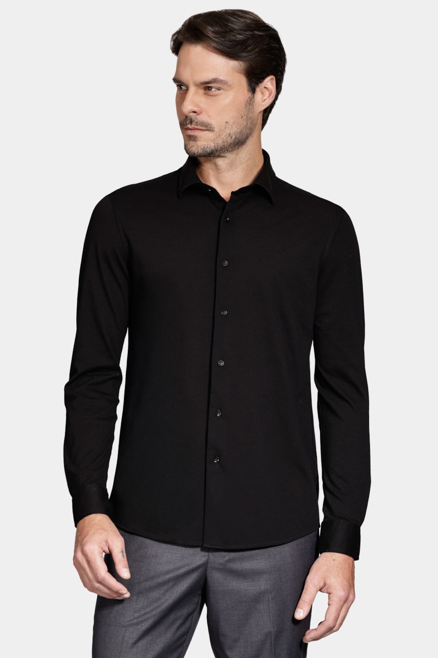 Camisa Manga Longa Slim Piquet de Malha Preto — foto 1 de 6