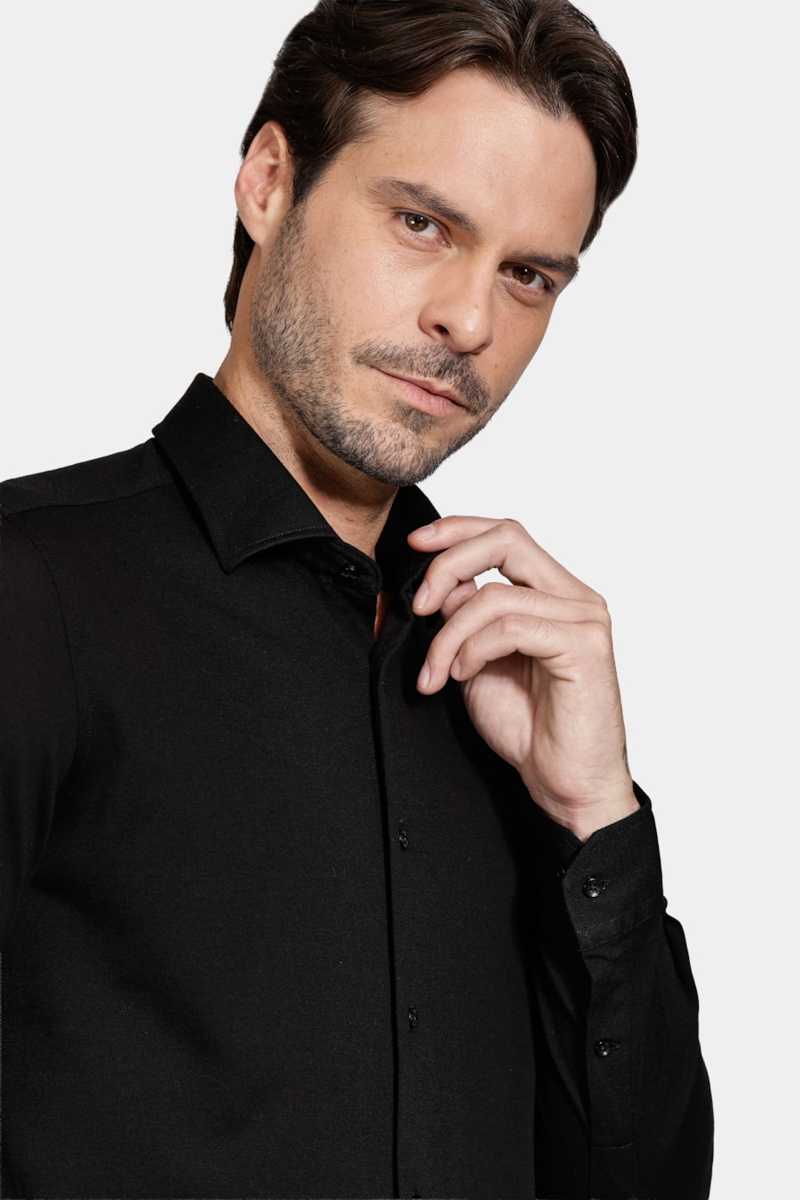 Camisa Manga Longa Slim Piquet de Malha Preto — foto 3 de 6