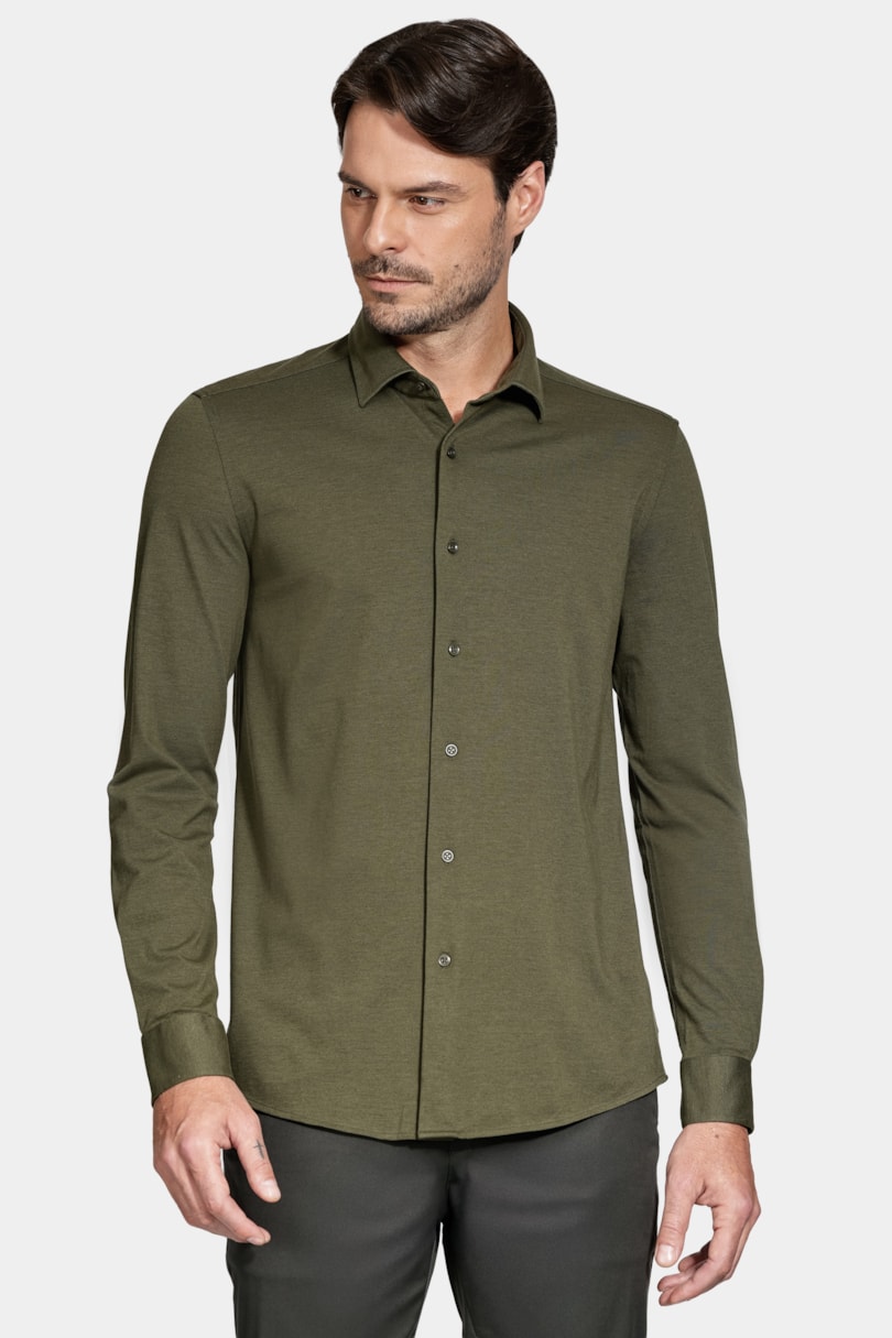 Camisa Manga Longa Slim Piquet de Malha Verde
