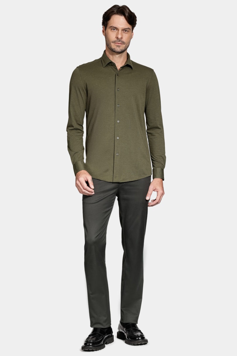 Camisa Manga Longa Slim Piquet de Malha Verde
