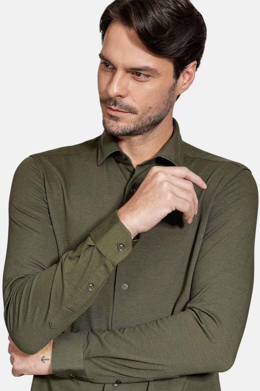 Camisa Manga Longa Slim Piquet de Malha Verde — foto 3 de 6