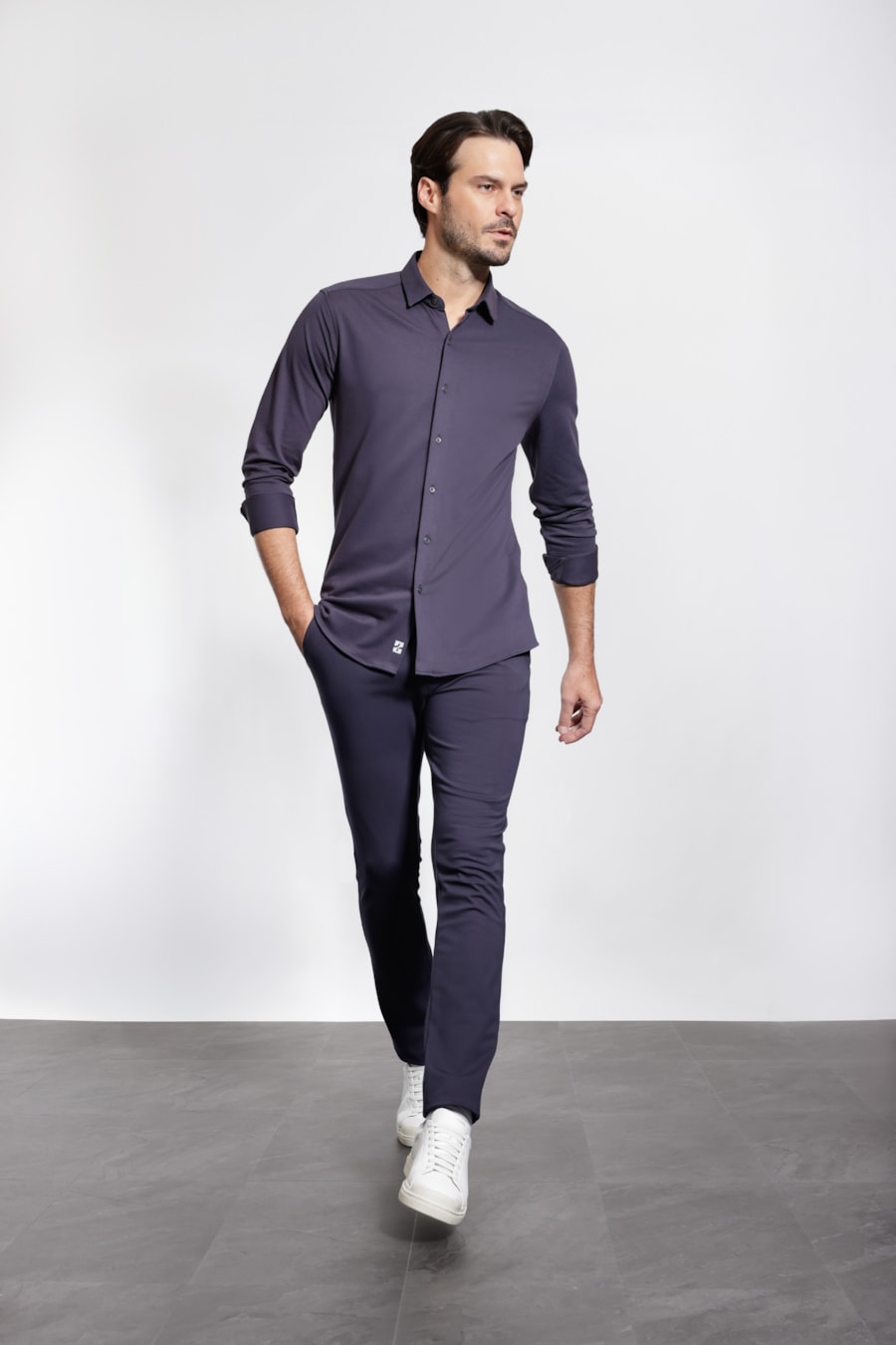 Camisa Manga Longa Slim Poliamida Piquet Marinho — foto 2 de 5