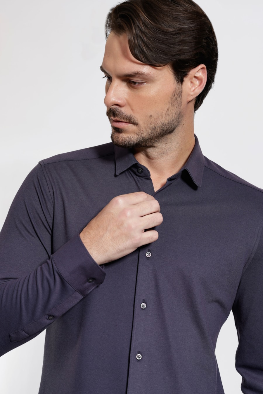 Camisa Manga Longa Slim Poliamida Piquet Marinho — foto 3 de 5