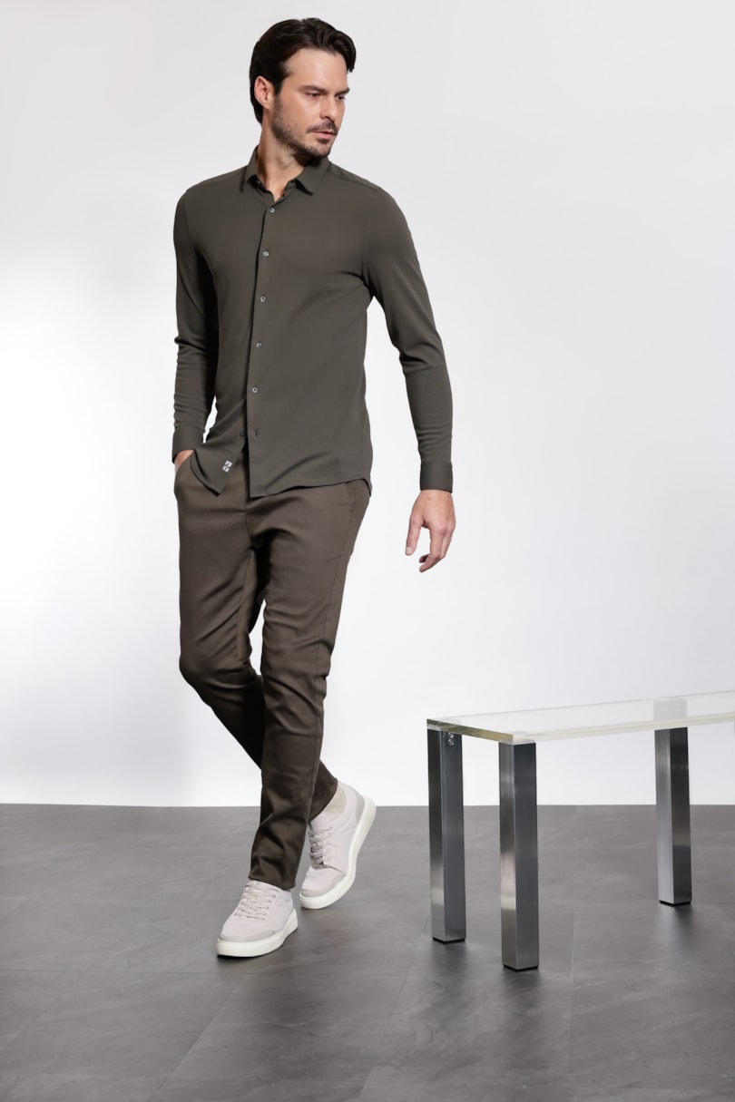Camisa Manga Longa Slim Poliamida Piquet Verde Folha