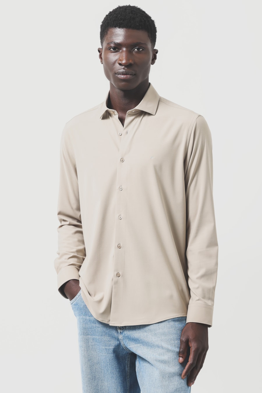 Camisa Manga Longa Slim Poliviscose de Bambu Stretch Areia — foto 1 de 7