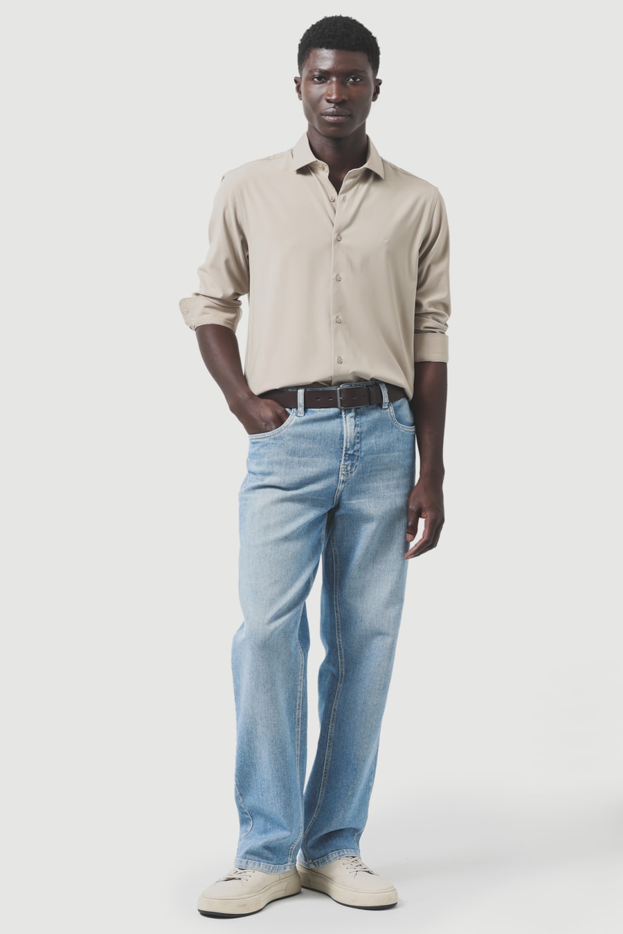Camisa Manga Longa Slim Poliviscose de Bambu Stretch Areia — foto 2 de 7