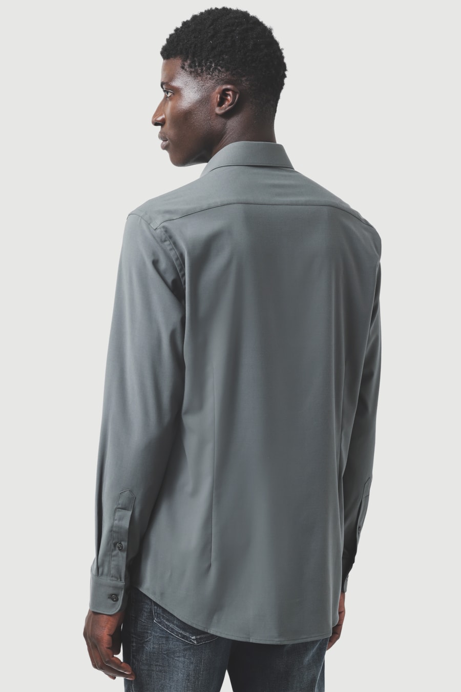 Camisa Manga Longa Slim Poliviscose de Bambu Stretch Verde Gris — foto 4 de 6