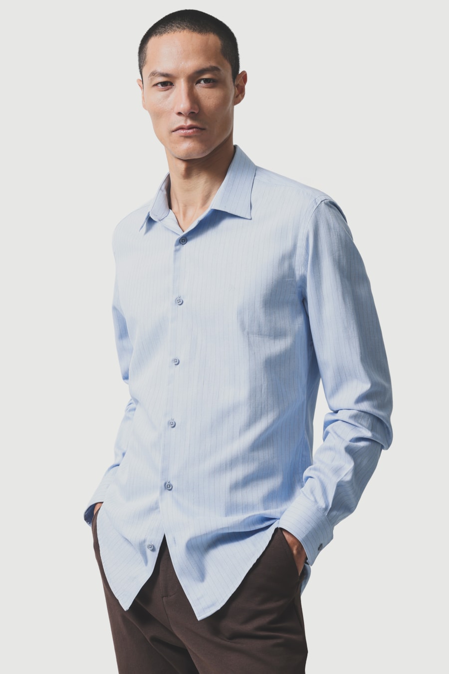 Camisa Manga Longa Slim Sarja Algodão Listrada Azul C/ Marinho — foto 1 de 6