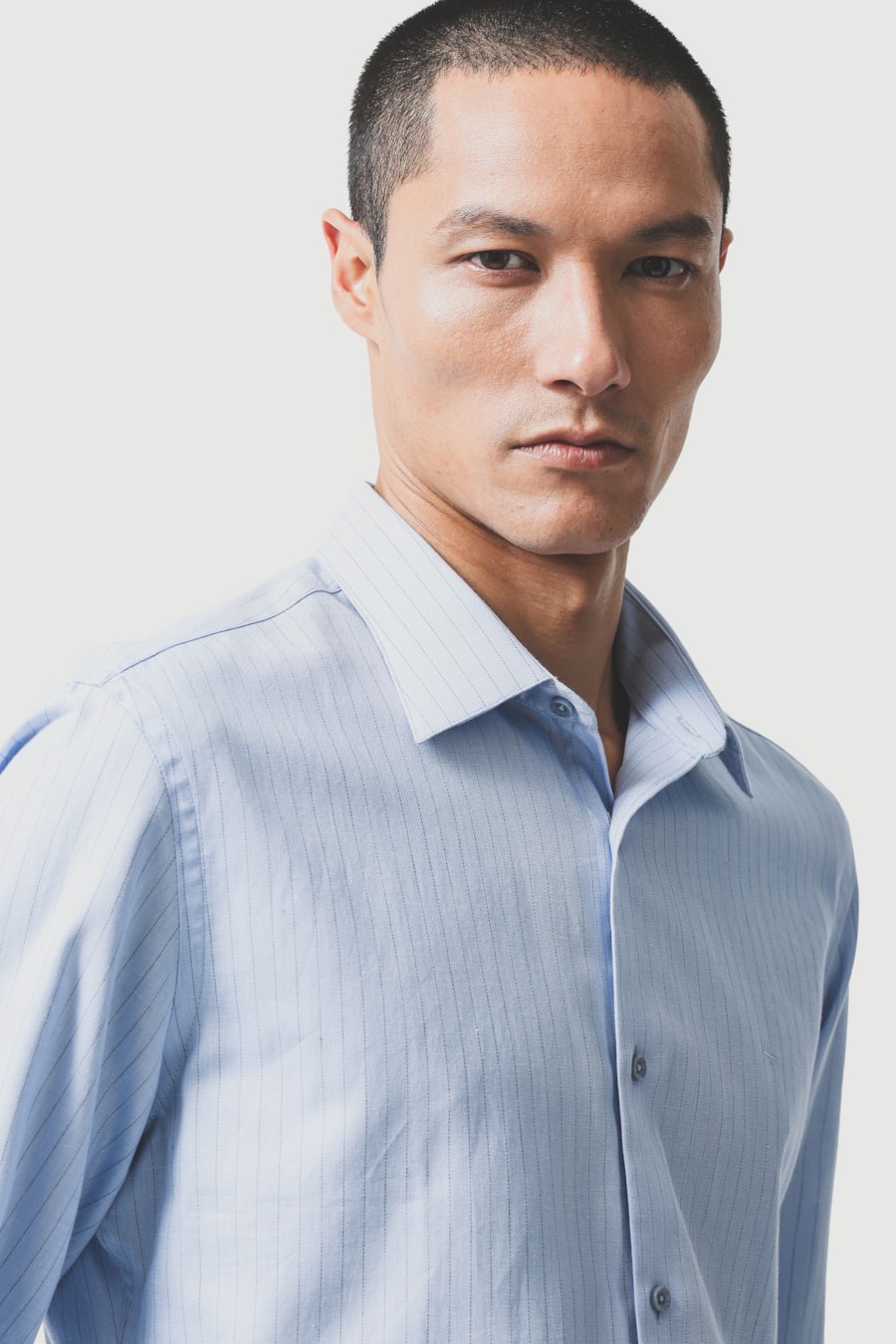 Camisa Manga Longa Slim Sarja Algodão Listrada Azul C/ Marinho — foto 3 de 6
