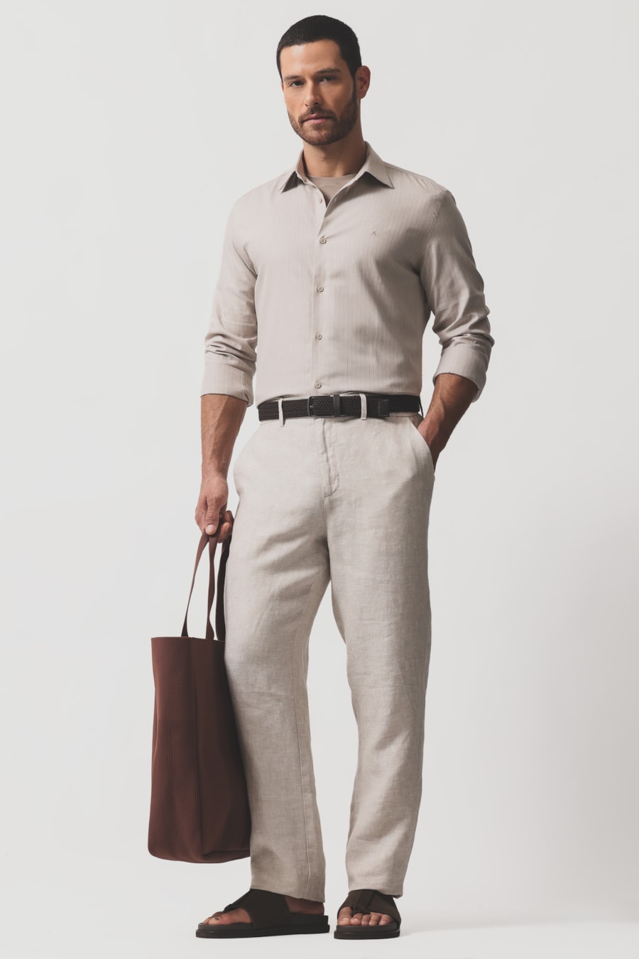 Camisa Manga Longa Slim Sarja Algodão Listrada Caqui/Chocolate — foto 2 de 6