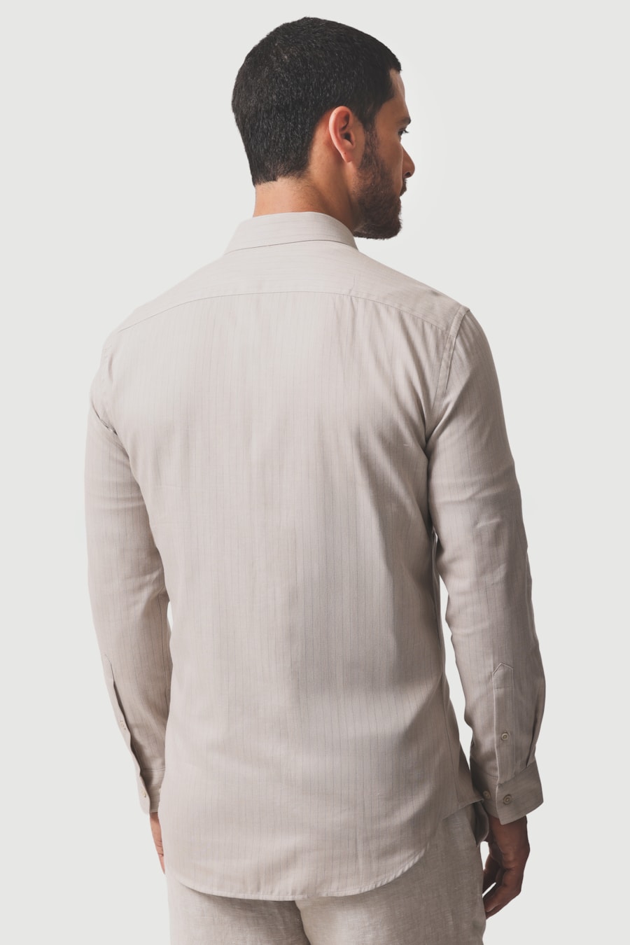 Camisa Manga Longa Slim Sarja Algodão Listrada Caqui/Chocolate — foto 4 de 6