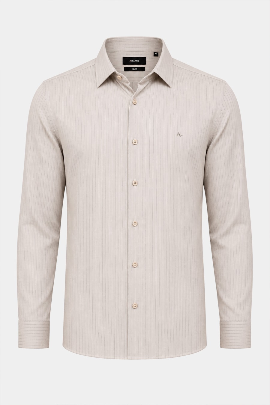 Camisa Manga Longa Slim Sarja Algodão Listrada Caqui/Chocolate — foto 5 de 6
