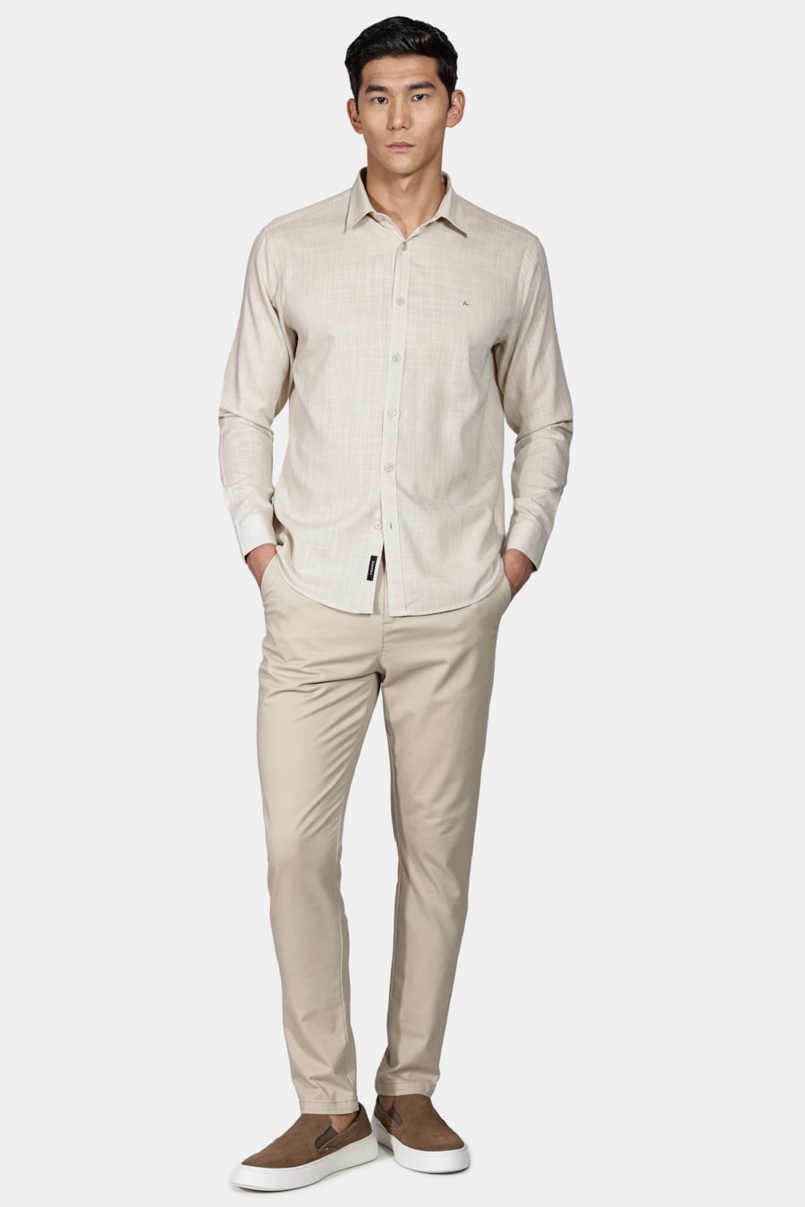 Camisa Manga Longa Slim Slub Flame Cáqui — foto 2 de 5
