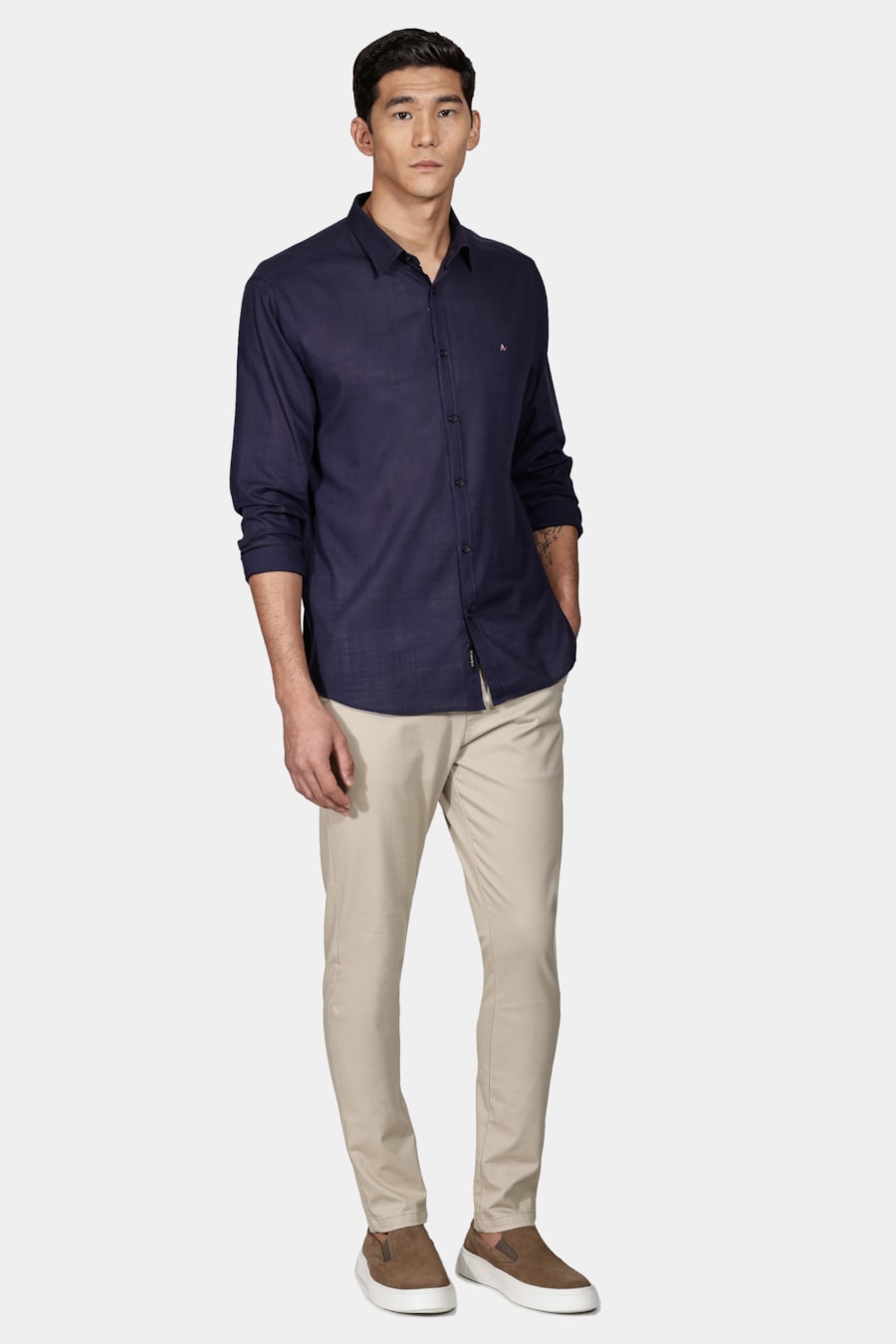 Camisa Manga Longa Slim Slub Flame Marinho — foto 2 de 5