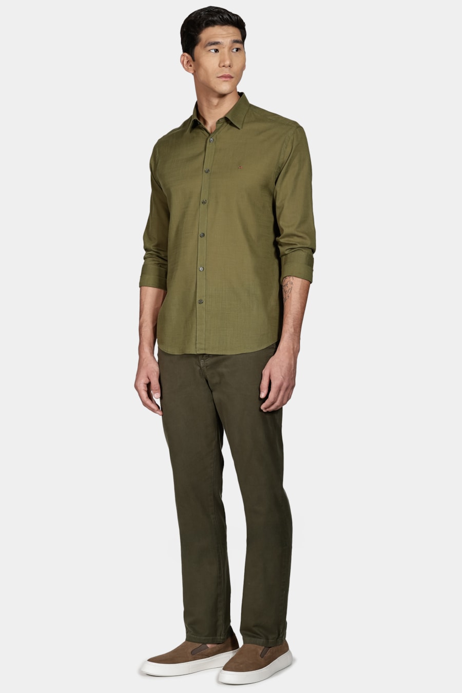 Camisa Manga Longa Slim Slub Flame Verde Militar — foto 2 de 5