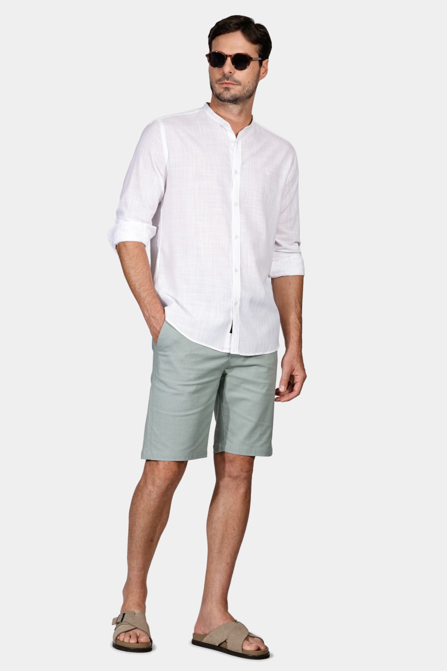 Camisa Manga Longa Slim Slub Gola Padre Out Branco — foto 2 de 6