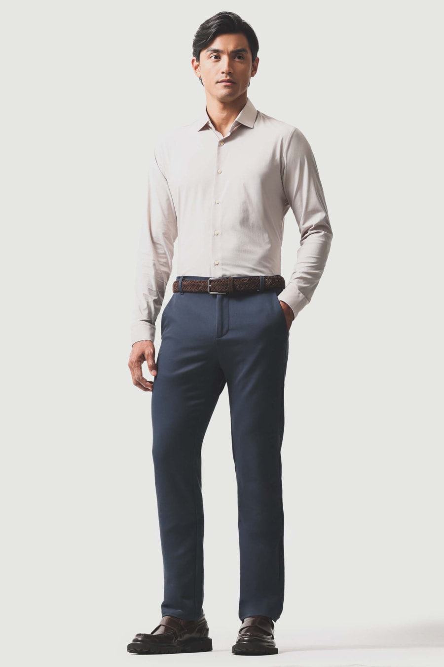 Camisa Manga Longa Slim Tech Flex Caqui / Branco — foto 2 de 6