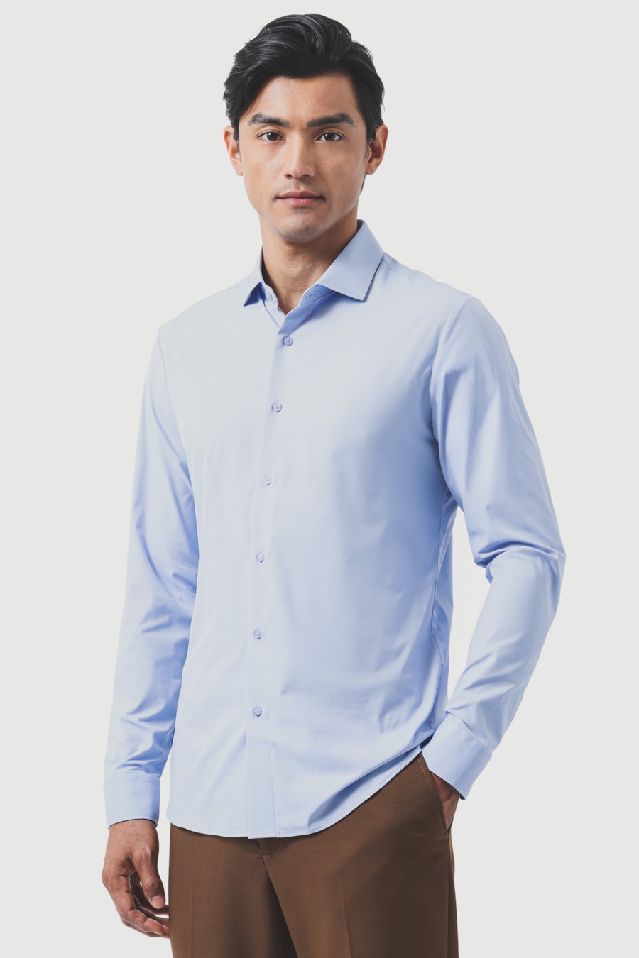 Camisa Manga Longa Slim Tech Flex Sarja Lisa Azul — foto 1 de 6