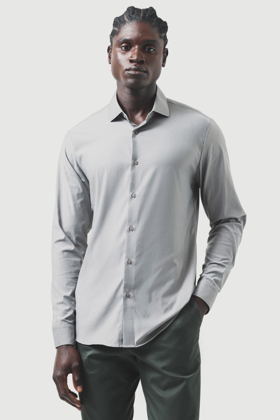 Camisa Manga Longa Slim Tech Flex Sarja Lisa Cinza — foto 1 de 6