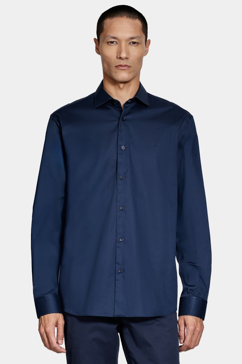 Camisa Manga Longa Slim Tricoline Algodão Marinho