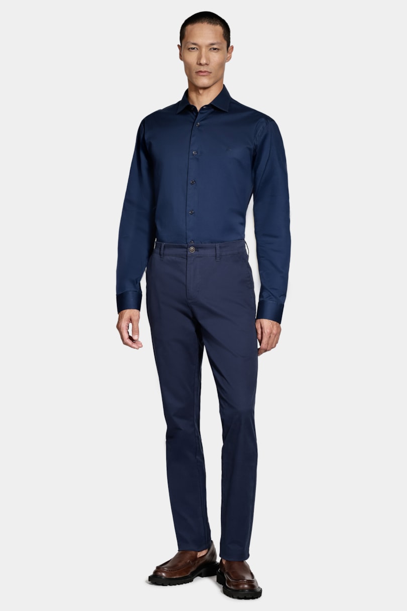 Camisa Manga Longa Slim Tricoline Algodão Marinho