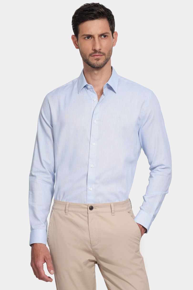 Camisa Manga Longa Slim Tricoline Falso Liso Azul
