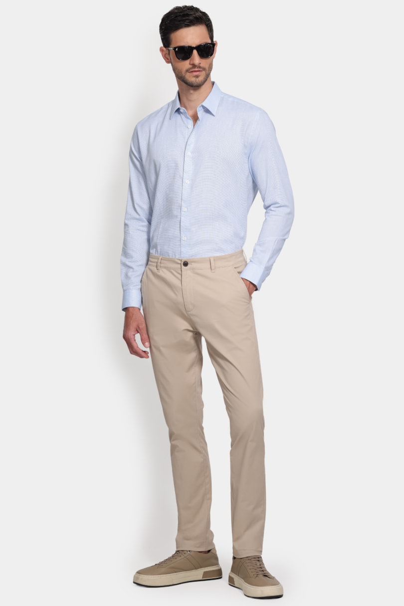 Camisa Manga Longa Slim Tricoline Falso Liso Azul