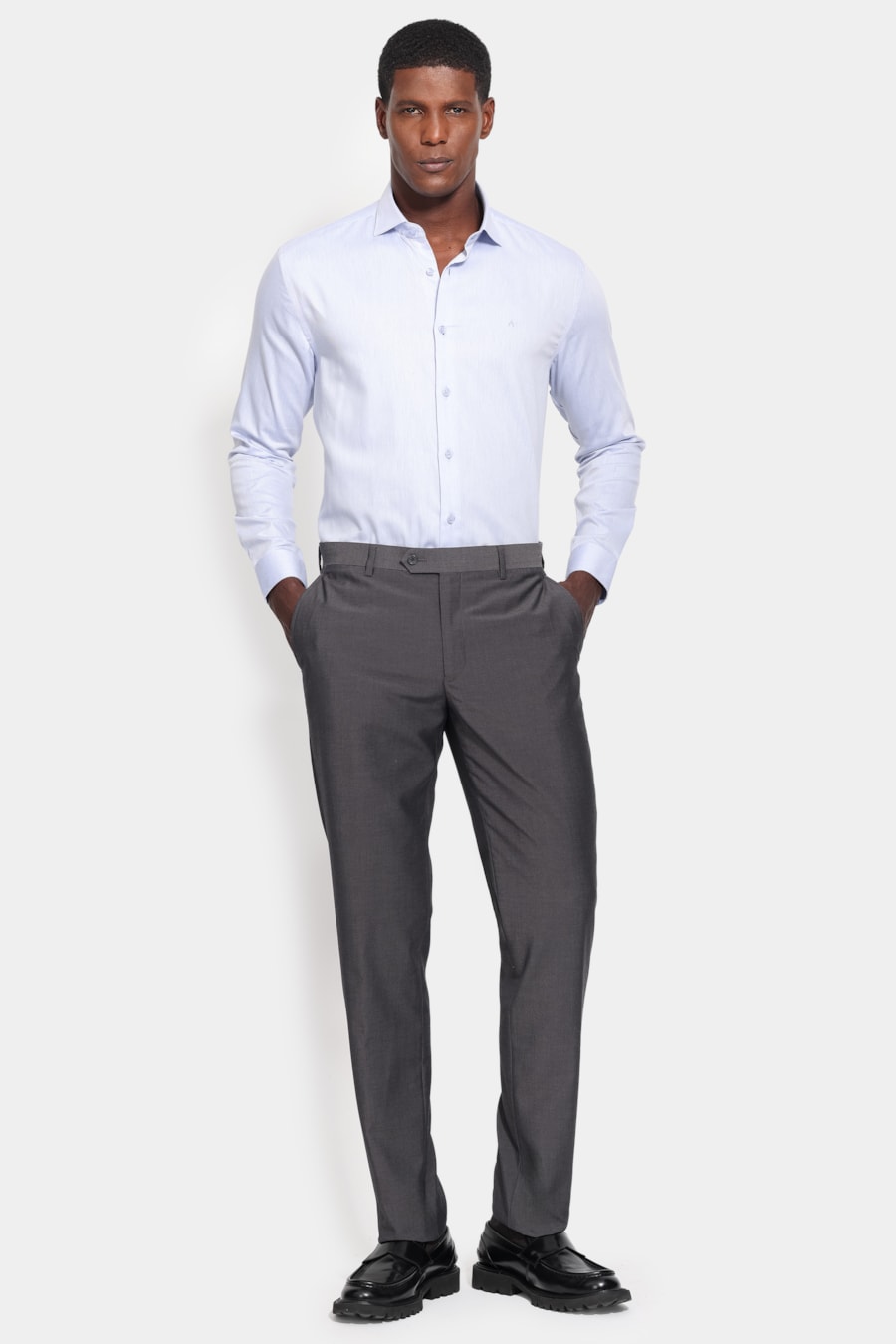Camisa Manga Longa Slim Tricoline Falso Liso Azul — foto 2 de 6