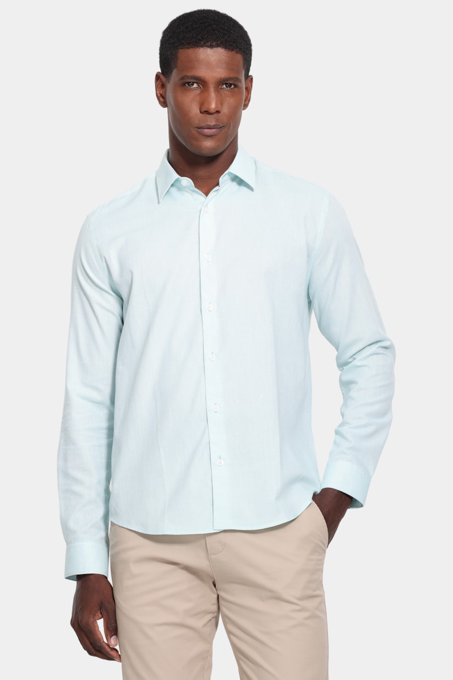 Camisa Manga Longa Slim Tricoline Falso Liso Verde — foto 1 de 6