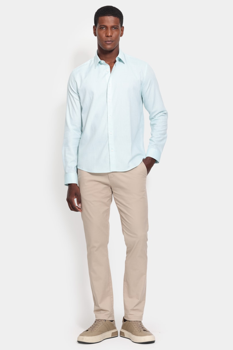 Camisa Manga Longa Slim Tricoline Falso Liso Verde